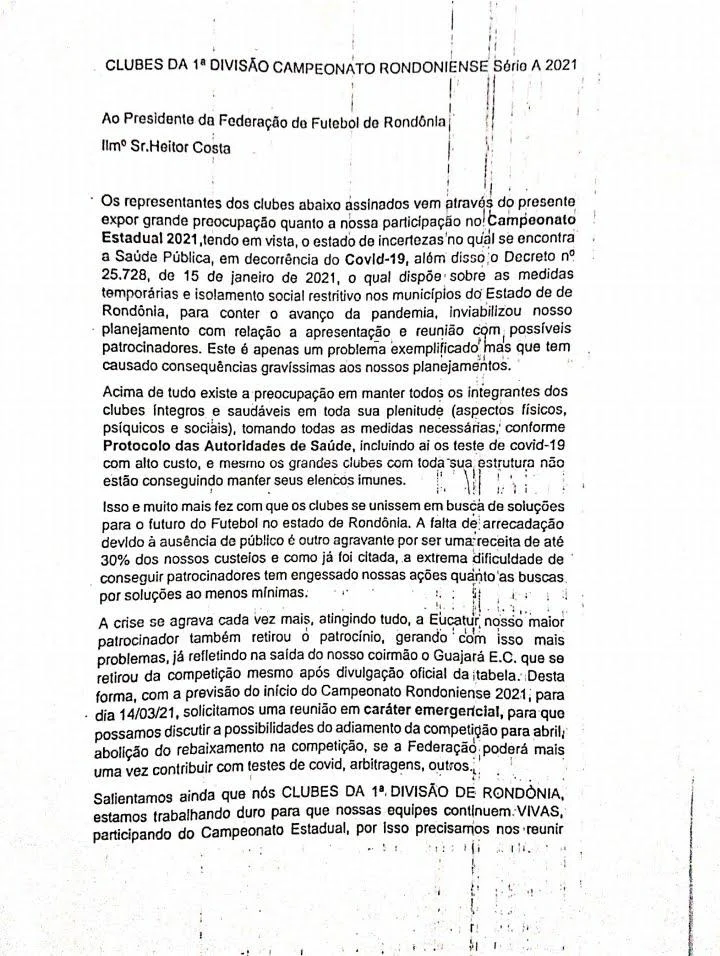 Clubes pedem o adiamento do Rondoniense 2021