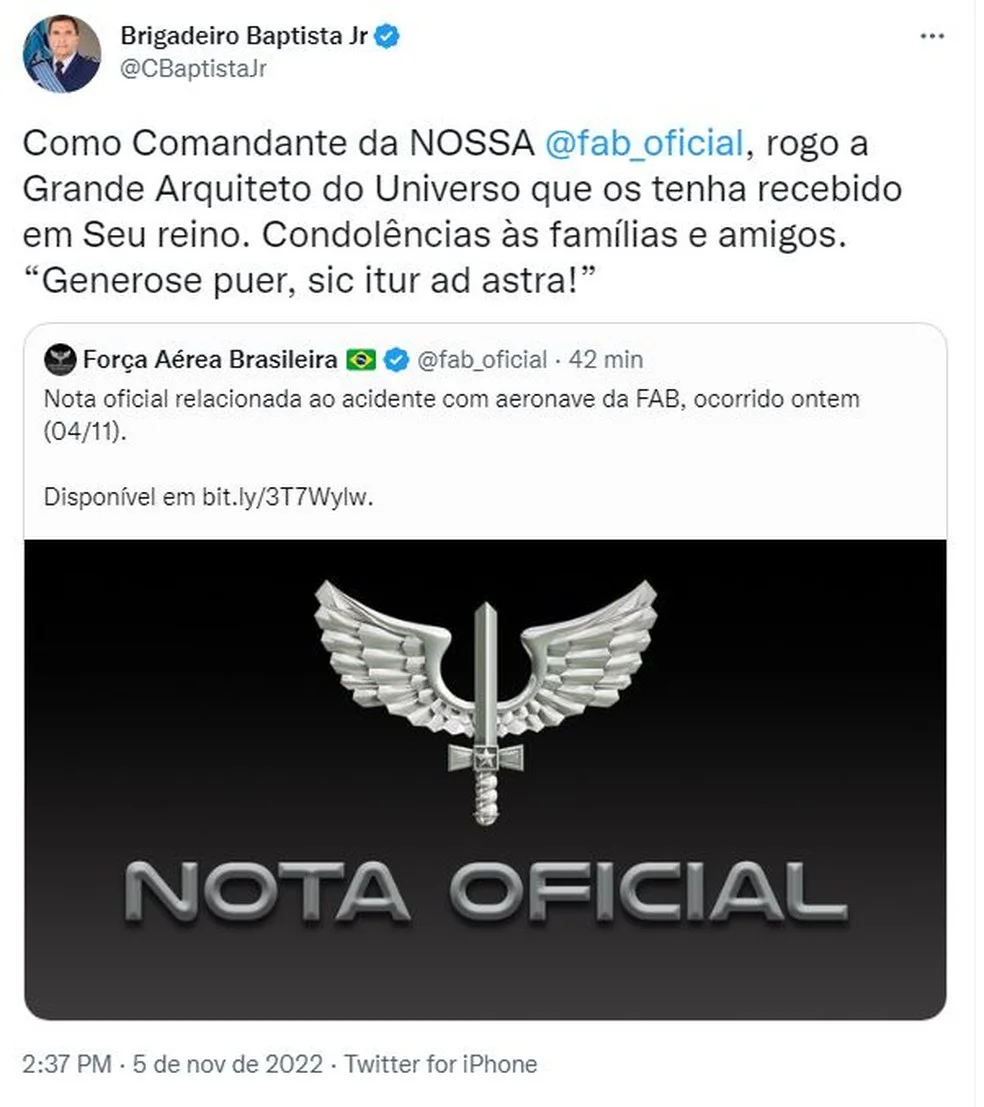Comandante da Aeronáutica lamentou as mortes dos militares da FAB — Foto: Twitter/ Reprodução 
