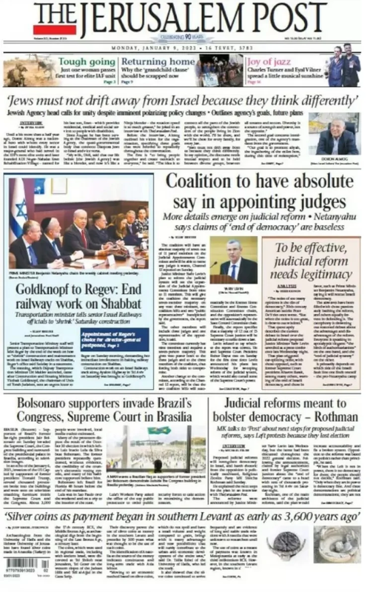 Capa do jornal The Jerusalem Post, de 9 de janeiro de 2023. — Foto: Reprodução