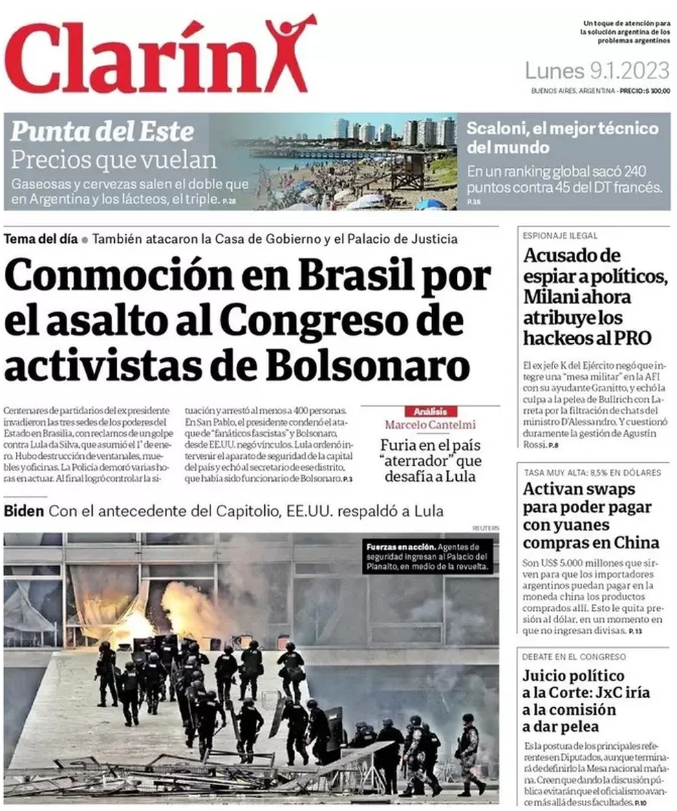 Capa do jornal Clarín de 9 de janeiro de 2023. — Foto: Reprodução