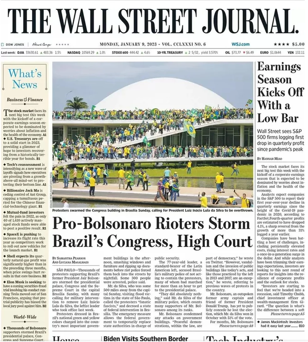 Capa do The Wall Street Journal de 9 de janeiro de 2023. — Foto: Reprodução