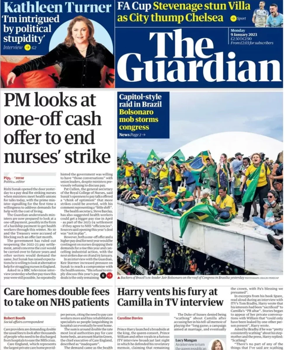 Capa do jornal The Guardian de 9 de janeiro de 2023. — Foto: Reprodução