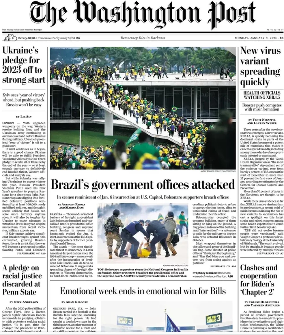 Capa do jornal The Washington Post de 9 de janeiro de 2023. — Foto: Reprodução