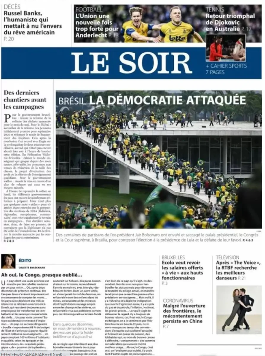 Capa do jornal Le Soir, da Bélgica, em 9 de janeiro de 2023. — Foto: Reprodução