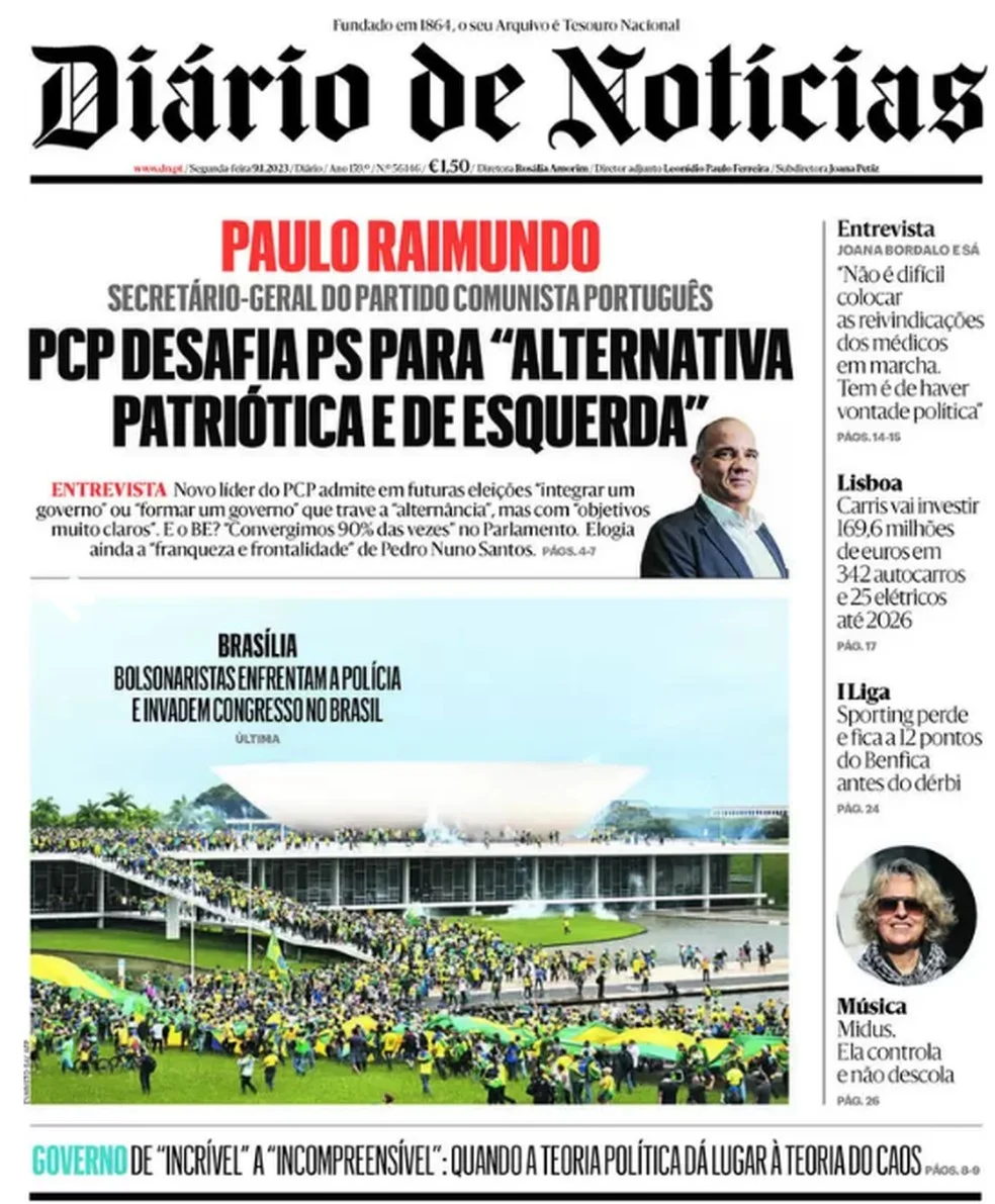 Capa do jornal Diário de Notícias de 9 de janeiro de 2023. — Foto: Reprodução