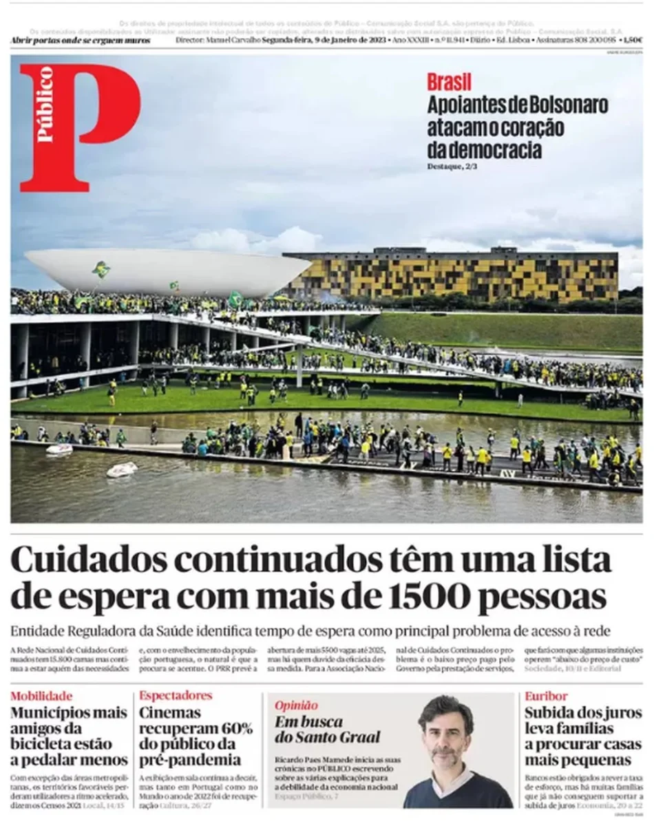 Capa do jornal Público de 9 de janeiro de 2023. — Foto: Reprodução