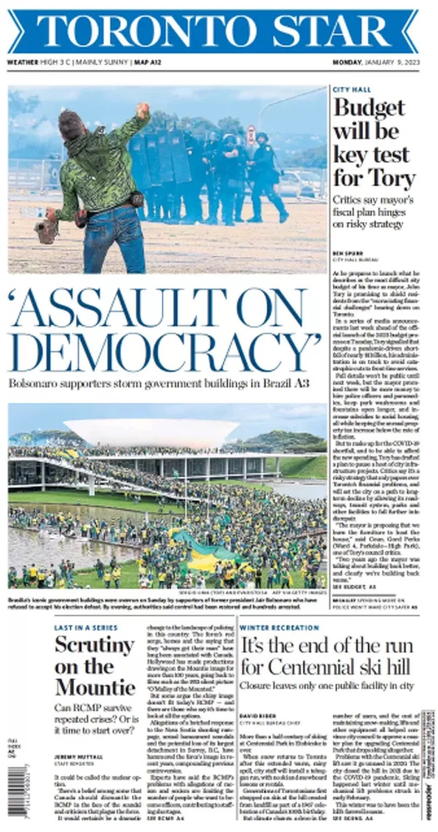 Capa do jornal Toronto Star de 9 de janeiro de 2023. — Foto: Reprodução