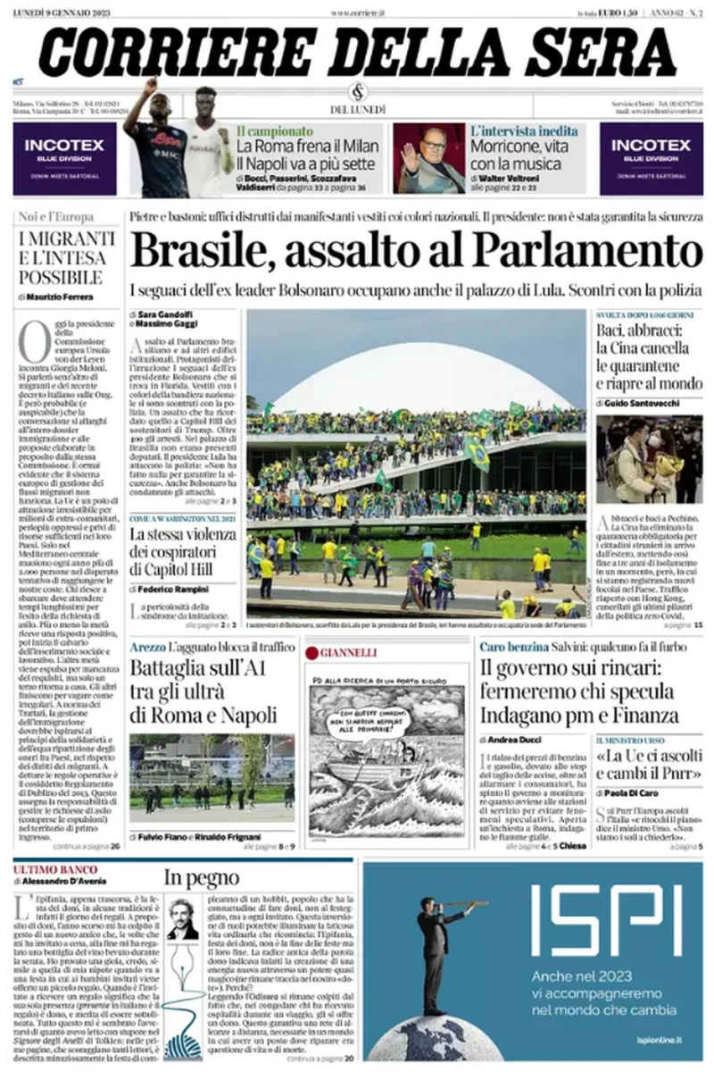 Capa do jornal Corriere Della Sera de 9 de janeiro de 2023. — Foto: Reprodução
