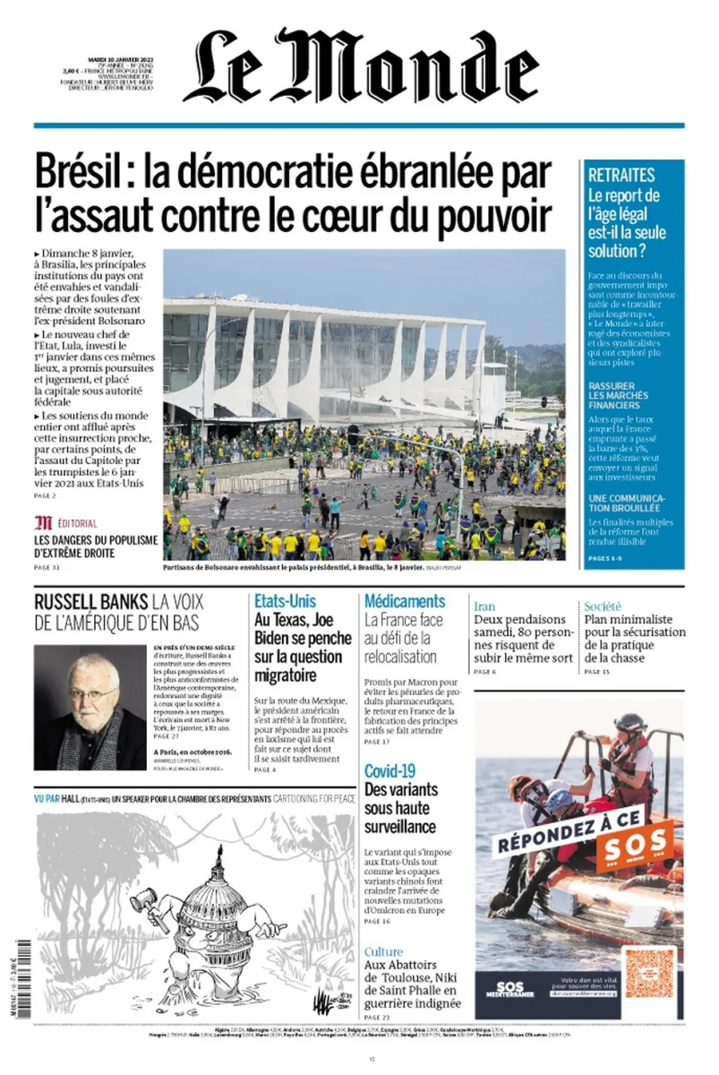Capa do jornal francês Le Monde de 9 de janeiro de 2023. — Foto: Reprodução