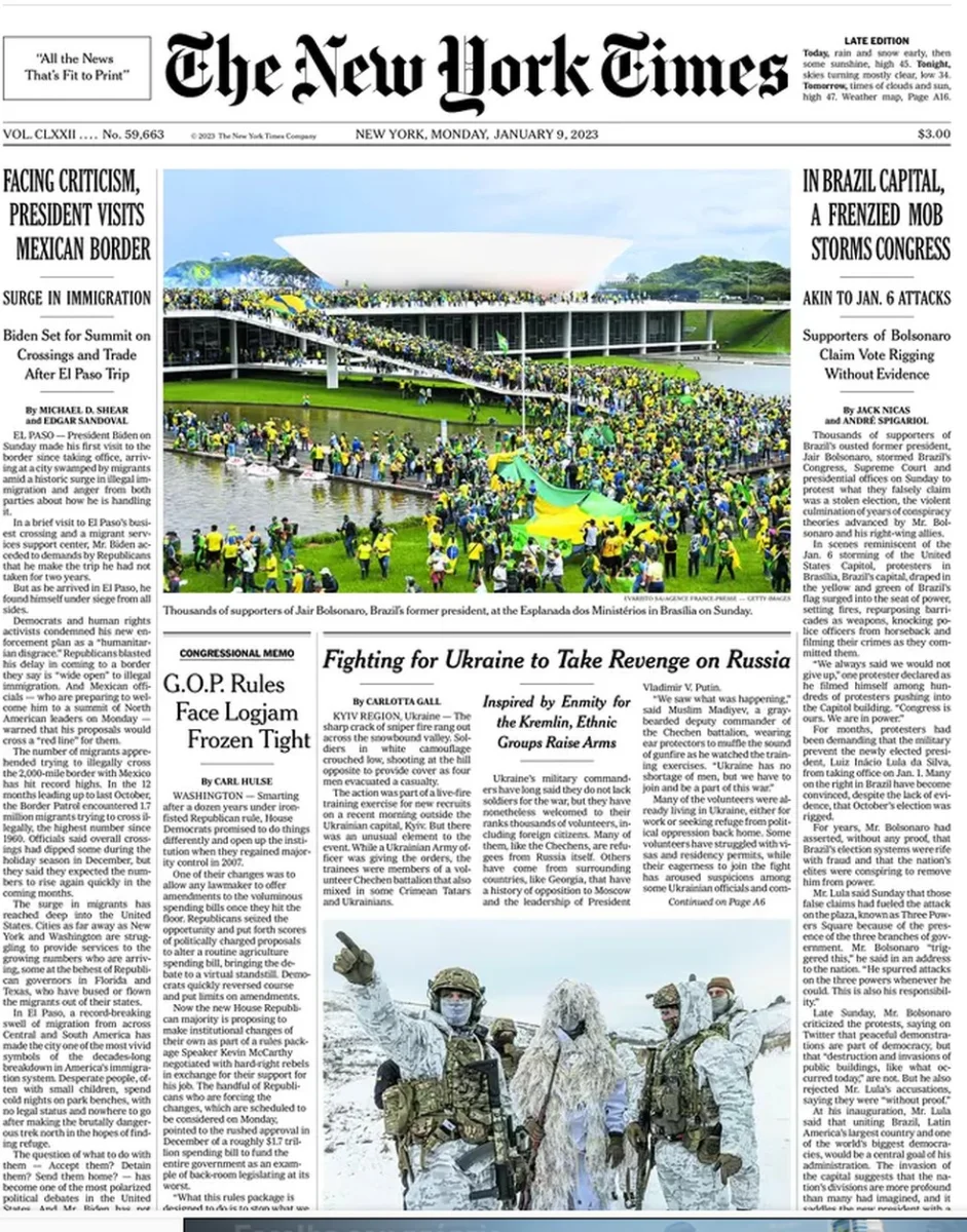 A capa do jornal The New York Times de 9 de janeiro de 2023. — Foto: Reprodução