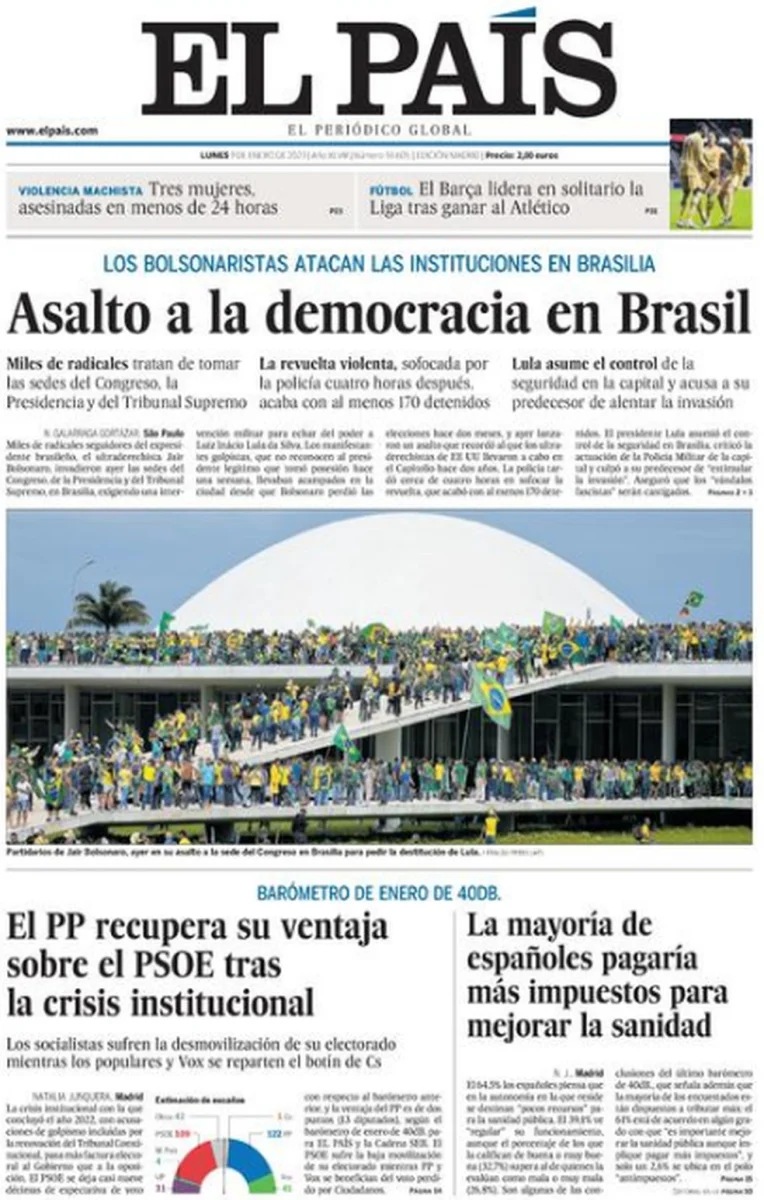 Capa do jornal El País de 9 de janeiro de 2023. — Foto: Reprodução