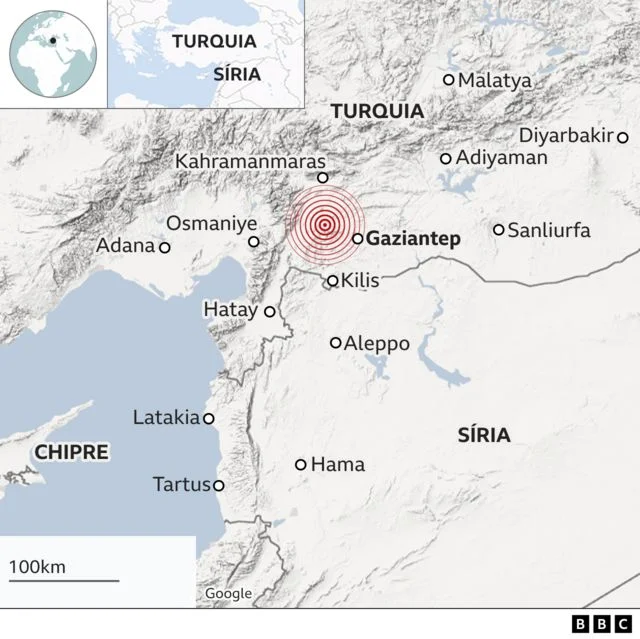 Mapa do terremoto na Turquia e Síria