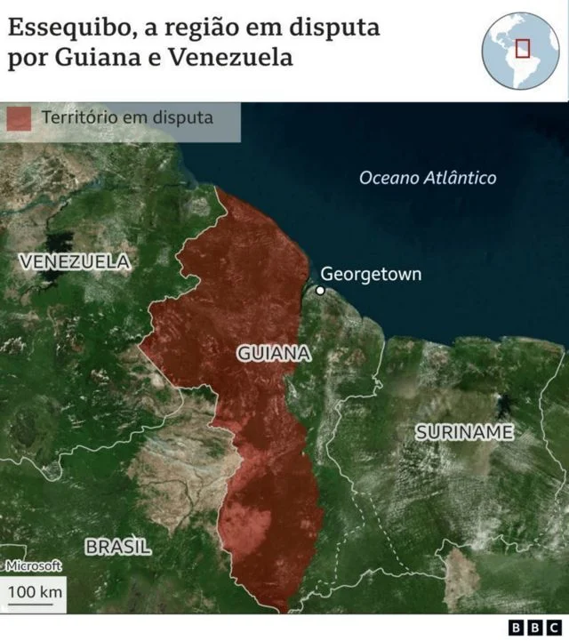 Mapa destaca região do Essequibo e territórios de Brasil, Guiana, Venezuela, Suriname