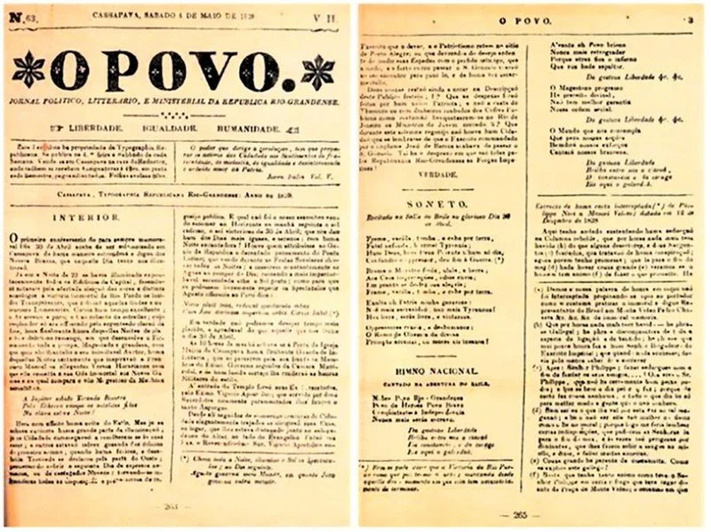 O Povo de 4 de maio de 1839, com a primeira publicação do “Hino nacional”, em comemoração ao aniversário da batalha do Barro Vermelho