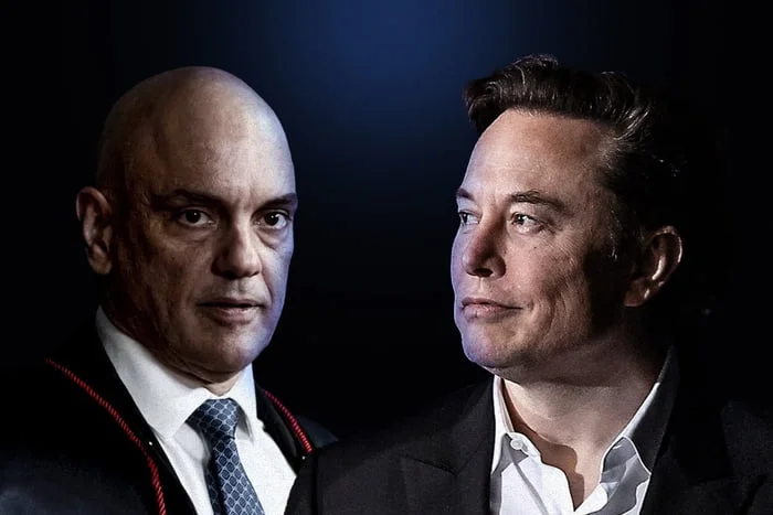 Arte sobre fotos coloridas de Alexandre de Moraes e Elon Musk -- Metrópoles