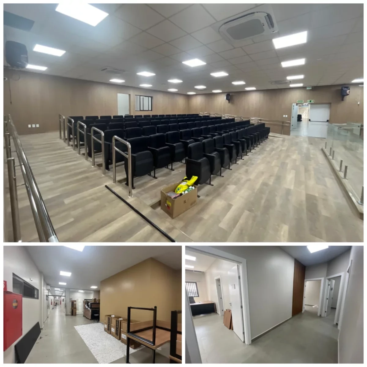 Colagem de três fotos mostrando o espaço interno do fórum 