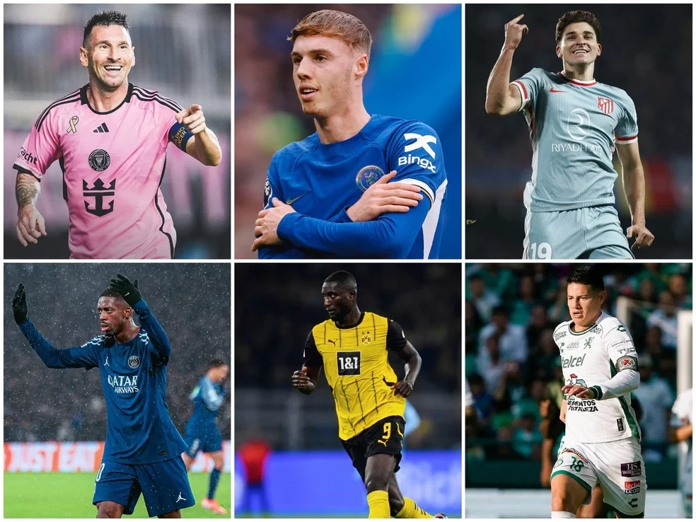 Messi, Palmer, Álvarez, Dembélé, Guirassy e James Rodríguez são alguns figurões do Mundial de Clubes — Foto: Montagem sobre fotos de divulgação dos clubes/ge