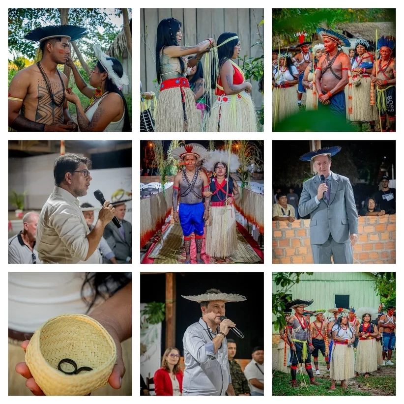 A colagem de nove fotos coloridas mostra casais e magistrados durante casamento comunitário em aldeia 