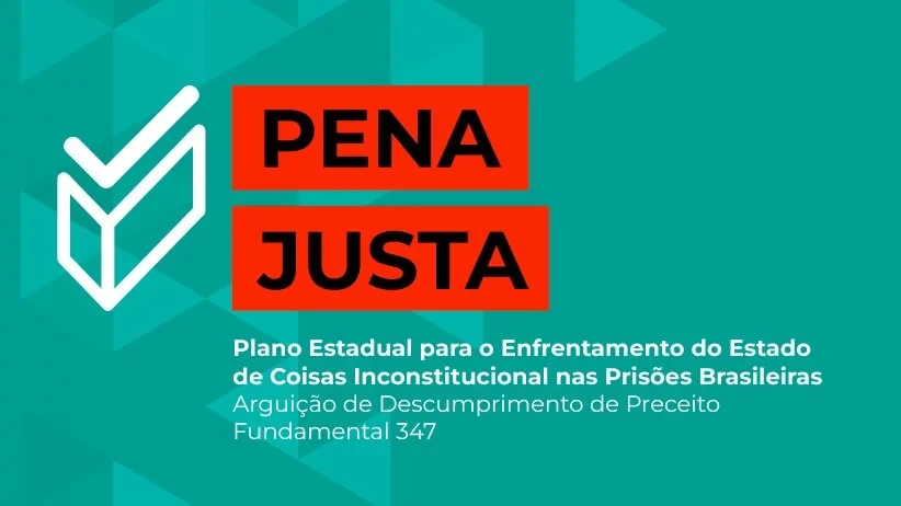 ARte azul, branca e laranja escrito Pena Justa e texto sobre o plano