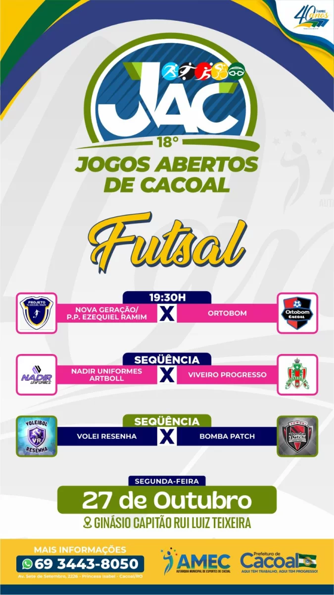 Rodada de futsal movimenta os Jogos Abertos de Cacoal nesta segunda-feira