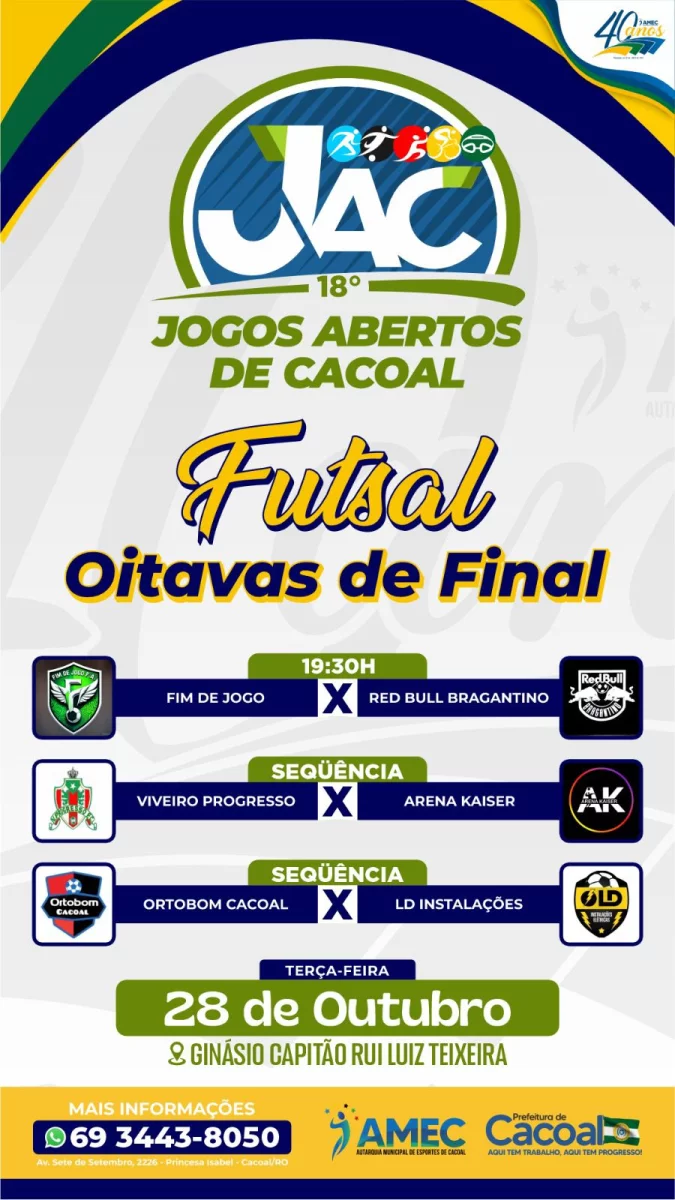 Futsal movimenta a noite desta terça-feira em Cacoal com três confrontos no Ginásio Capitão Rui Luiz Teixeira