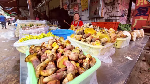 Uma mulher vestindo uma blusa vermelha está sentada atrás de um banquinho de mercado, com tigelas de cogumelos expostas à frente