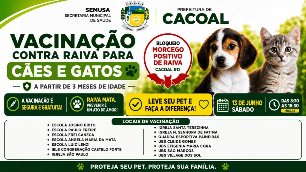 Prefeitura de Cacoal realiza vacinação contra raiva para cães e gatos neste sábado