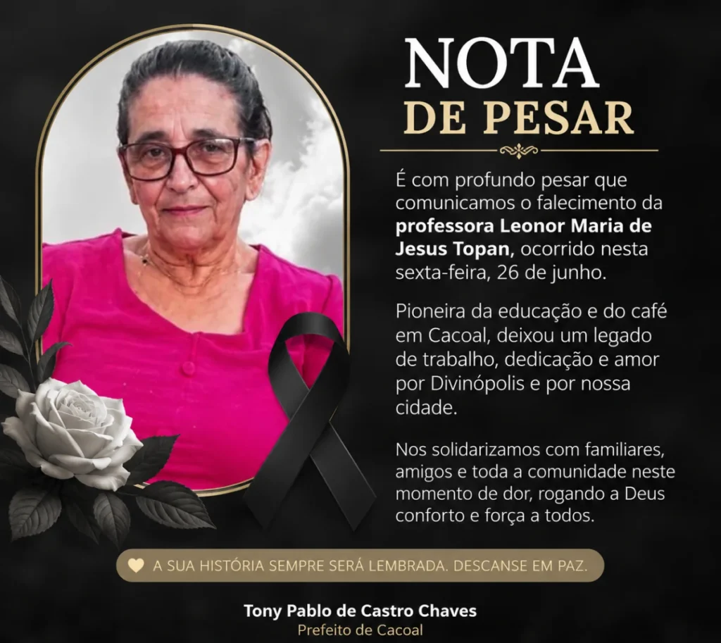 Cacoal lamenta a morte da professora Leonor Maria de Jesus Topan, pioneira do café em Divinópolis