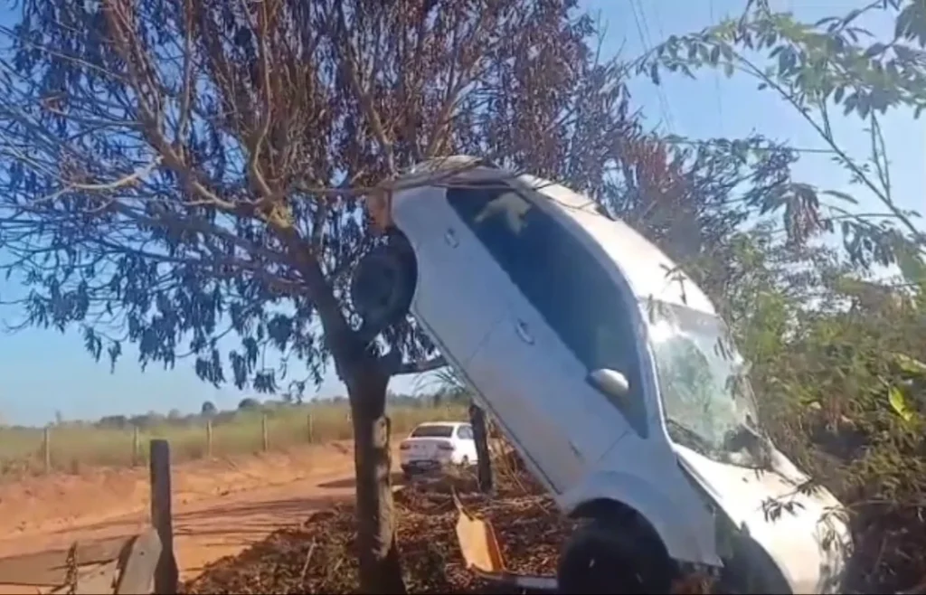 Carro fica pendurado em árvore após acidente na área rural de São Miguel