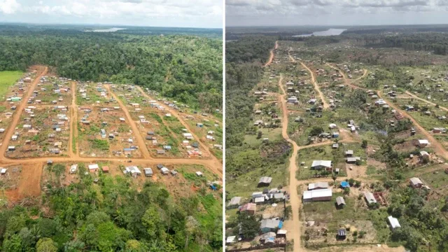 Imagem aérea dividida em dois momentos mostra a expansão de uma ocupação: à esquerda, uma área com casas e ruas de terra recém-aberta em meio à floresta; à direita, o mesmo local já mais ocupado, com maior número de construções e áreas desmatadas.