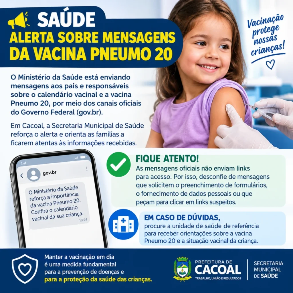 ALERTA PAIS SOBRE MENSAGENS DO MINISTÉRIO DA SAÚDE A RESPEITO DA VACINA PNEUMO 20